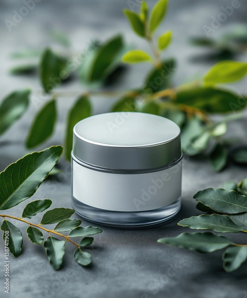 Obraz cosmetic cream and green leaves 