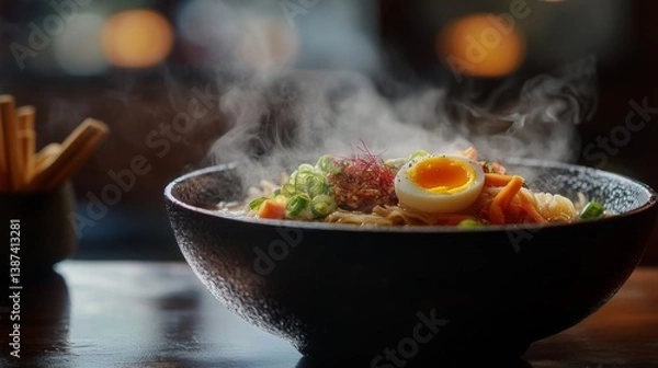 Fototapeta A steaming bowl of ramen with vegetables and soft-boiled egg. Featuring warmth and richness