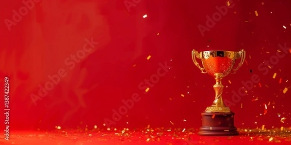 Obraz Winning golden cup with falling golden confetti on red background. A photo banner with space for text.