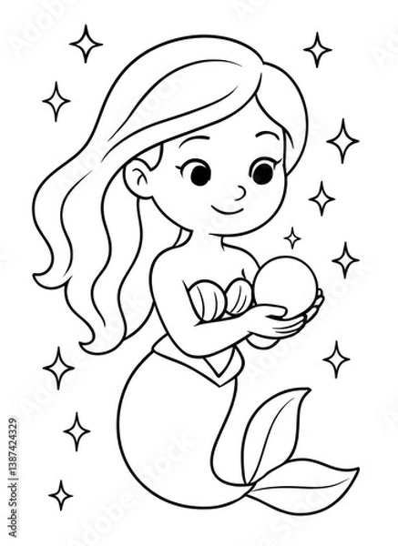 Fototapeta Sweet mermaid holding a pearl surrounded by stars—perfect for kids’ coloring pages, fantasy crafts, and magical ocean-themed activities.
