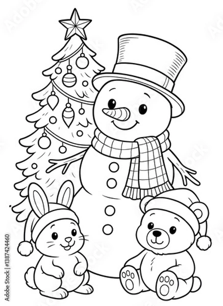 Fototapeta Cute snowman with bunny and bear by Christmas tree—perfect for kids’ holiday coloring pages, festive crafts, and winter activity sheets.

