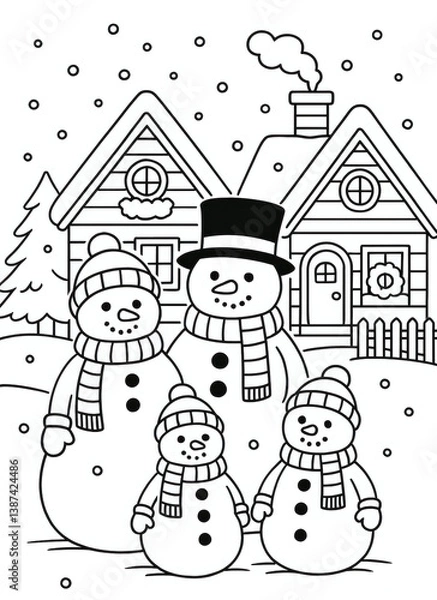 Fototapeta Cute snowman family in front of a snowy cabin—perfect for kids’ Christmas coloring pages, winter crafts, and holiday activity sheets.
