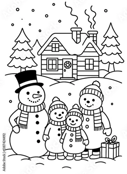 Fototapeta Cute snowman family in front of a snowy cabin—perfect for kids’ Christmas coloring pages, winter crafts, and holiday activity sheets.