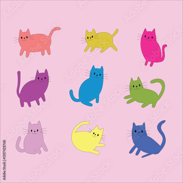 Fototapeta A collection of 9 adorable flat-style cartoon cats in playful poses and bright colors. Great for scrapbooking, digital planners, kids' printables, and more!