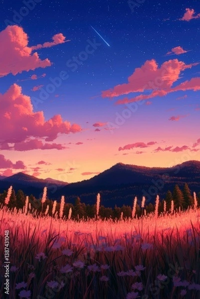 Fototapeta Calm scenery of field at dusk; mountains in the background with beautiful sky