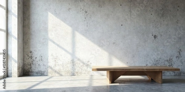 Fototapeta Empty concrete studio, grey floor, white wall, table for product display , presentation, backdrop, surface