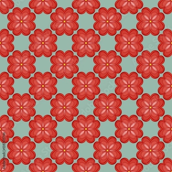 Fototapeta Vintage retro rose 70s modern geometric seamless pattern red  flowers texture background. Trendy blossom print.
