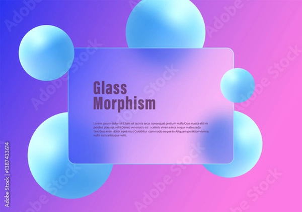 Fototapeta Levitating 3D spheres and glass transparent frame, glass morphism style background.