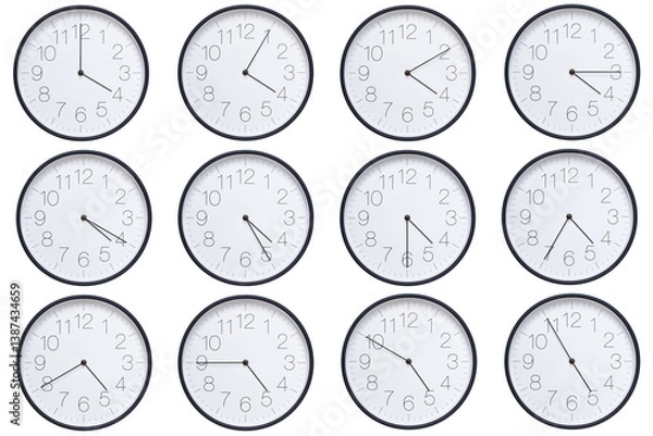 Fototapeta  A set of twelve round wall clocks with dark brown frames and white faces showing 5-minute time intervals from 04:00 or 16:00 to 04:55 or 16:55. Clean white background, ideal for time, schedule, and d