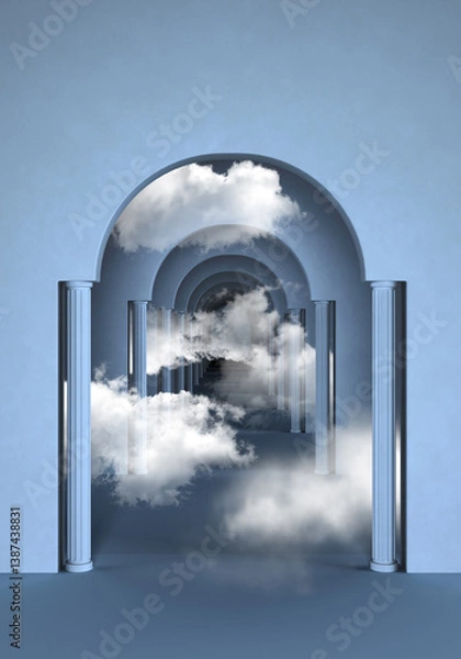 Fototapeta Surreal Blue Archway with Floating Clouds 3d render image