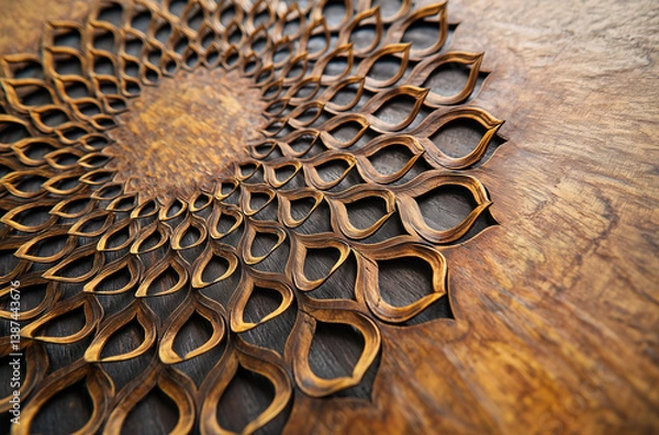 Obraz Intricate Floral Carved Wood Pattern in Radial Design on Natural Surface with Traditional Abstract Backgrounds Concept