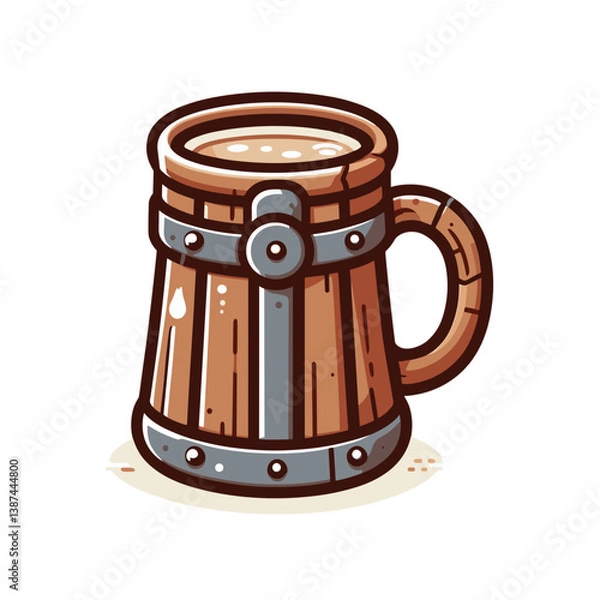 Fototapeta Vector illustration of wooden beer mug with metal bands in rustic style. Perfect for brewery branding or traditional pub decoration.