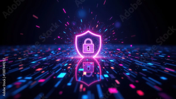 Fototapeta Cybersecurity lock shield glowing on neon abstract background with colorful streaks and lights.