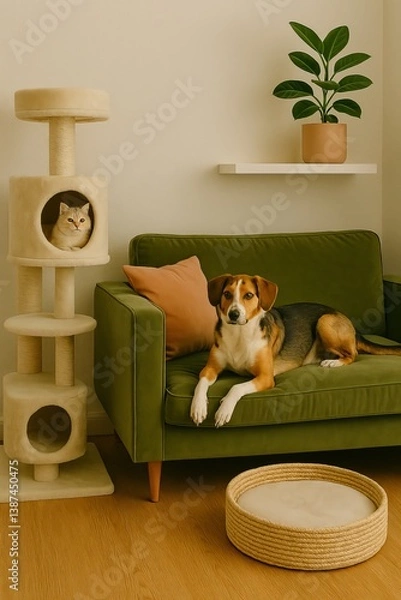 Fototapeta Dog on sofa next to cat in cat tree in cozy pet-friendly living room