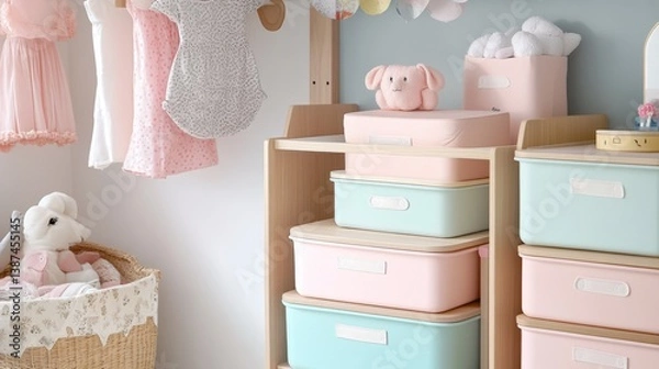 Obraz A well-organized nursery with soft pastel storage boxes stacked neatly on a wooden rack.