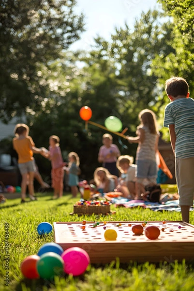 Obraz Vibrant Backyard Scene of Laughter and Fun with Games for All Ages in a Sunlit Setting