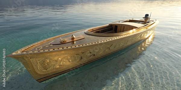 Fototapeta Golden Boat on Water Without Person