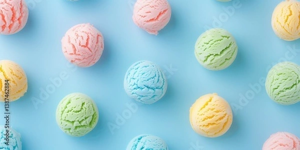 Obraz Multicolored ice cream balls on a blue background. Photo top view background.