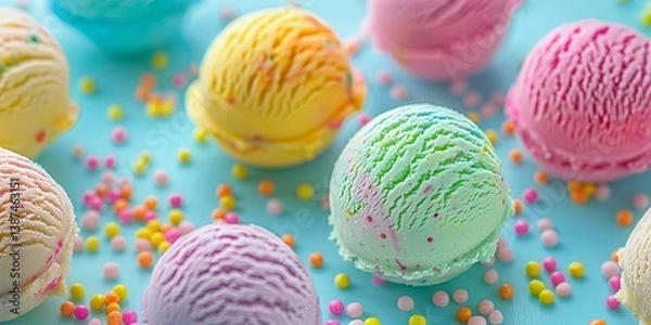 Obraz Multicolored ice cream balls with sprinkles on a blue background. Photo top view background.