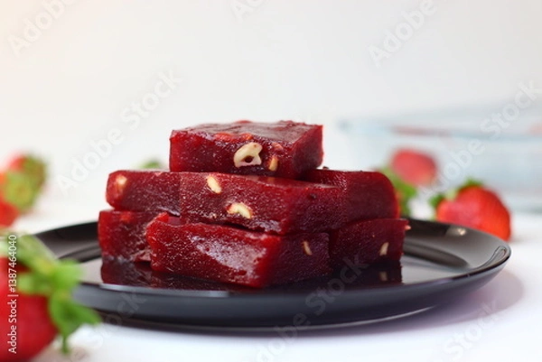 Obraz Strawberry halwa, a smooth Indian dessert with a rich pink hue