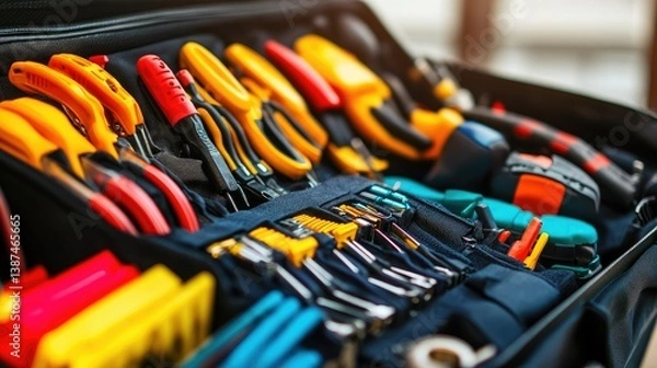 Obraz Electrician toolkit with an assortment of bright electrical connectors arranged for quick access