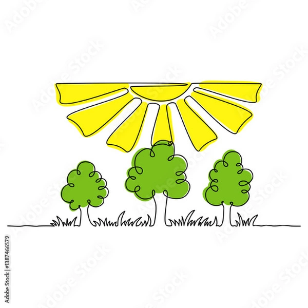 Fototapeta Continuous line drawing. Nature image. Trees under the sun. Simple color vector illustration.
