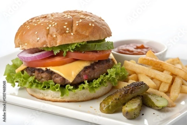 Obraz hamburger with french fries, fast food