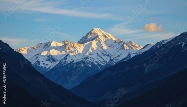 Fototapeta Majestic Snow-Capped Mountain Range at Sunrise Breathtaking Valley View