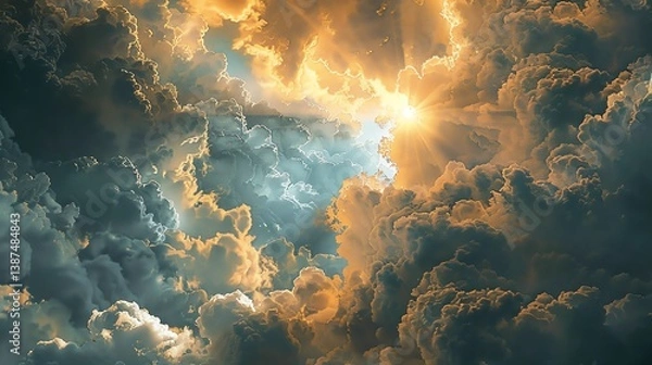 Fototapeta A beautiful landscape of a stormy sky filled with dark clouds and bright light.
