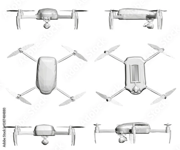 Fototapeta A series of images of a drone, each one showing a different angle. The drone is white and has a black and red logo on the side. The images are all in black and white, giving them a sleek