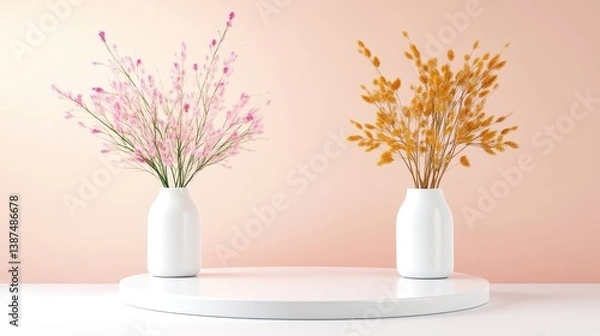 Fototapeta Two white vases hold pink and gold floral arrangements. They sit on a circular white platform against a peach background. The image is clean and bright, with soft lighting. A minimalist aesthetic i