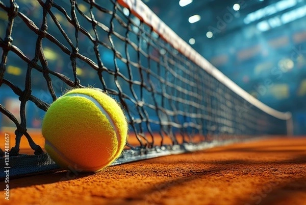 Fototapeta Close-up of a bright yellow tennis ball touching the net on a clay court, with stadium lights in the background, capturing the intensity and pause of a professional tennis match
