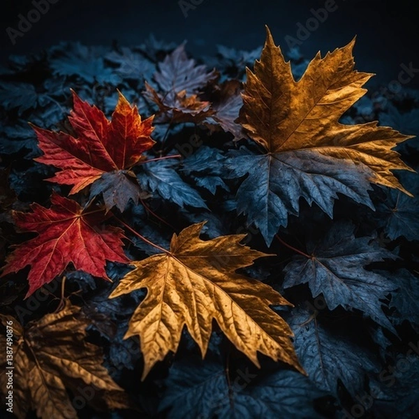 Fototapeta Collection of maple leaves in varying autumnal shades rests on dark surface, illuminated from above, highlighting intricate vein patterns, contrast between warm-colored leaves at center.