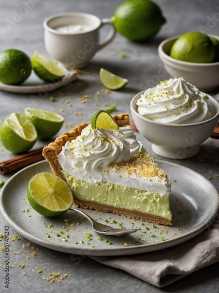 Fototapeta Slice of key lime pie with whipped cream on top rests on plate with fork, surrounded by whole, cut limes, cup of beverage in background. Pie has golden crust, vibrant green filling.