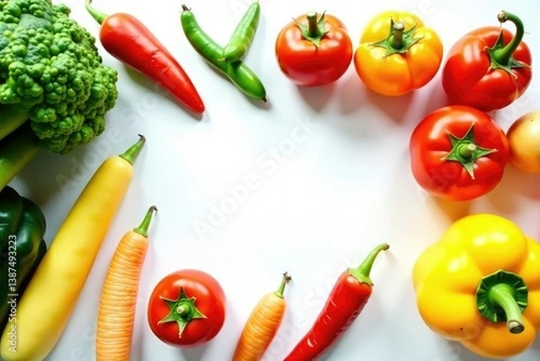 Fototapeta Assorted organic vegetables on white backdrop, studio shot, peppers, texture