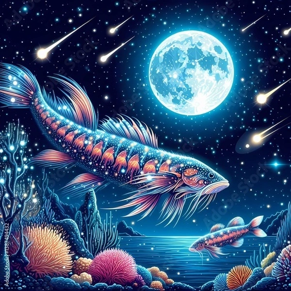 Fototapeta A surreal digital artwork of a massive, glowing neon-colored fish swimming in the deep ocean.
