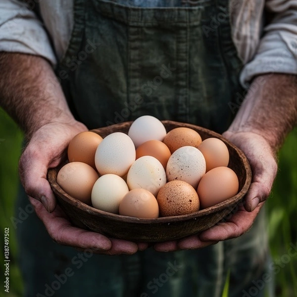 Fototapeta A man is holding a bowl of eggs. The eggs are white and brown. The bowl is wooden and has a rustic look. The man is wearing a green apron