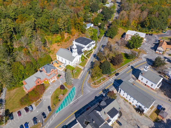 Fototapeta Sterling historic town center aerial view including Conant Free Public Library, Town Hall and First Church at Town Common, Sterling, Massachusetts MA, USA. 