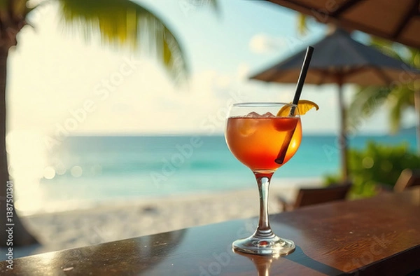 Fototapeta Cocktail with a straw on the bar against the background of the beach