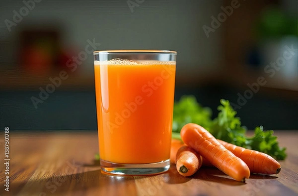 Fototapeta A glass of carrot juice on the kitchen table, the concept of proper nutrition
