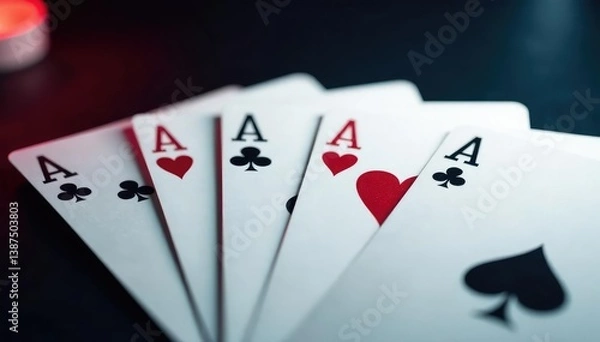 Fototapeta Playing cards arranged in a sequence showing the four aces , royal flush, still life, design