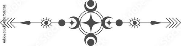 Fototapeta Celestial frame with lines of stars. Magic border with mystic moon and sun. Tarot fantasy ornament. Elegant divider with esoteric symbols and spiritual elements