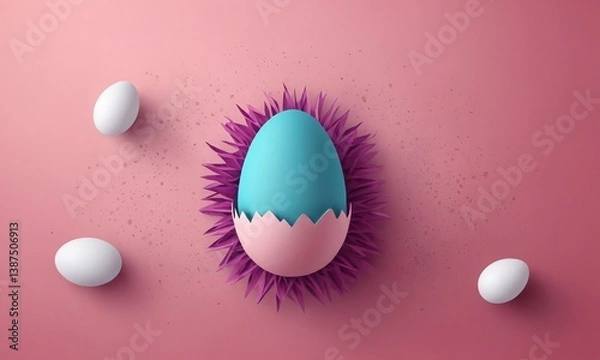 Obraz Creative colorful easter egg design with decorations and surrounding eggs on a pink background