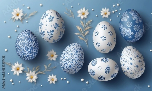 Obraz Beautifully decorated blue and white Easter eggs arranged with flowers on soft background