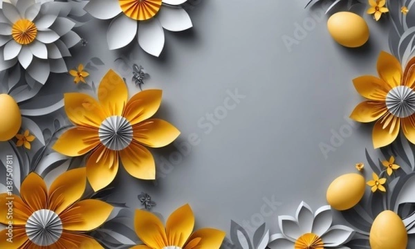 Obraz Colorful paper flowers and eggs arranged beautifully on a gray background create a festive and cheerful decoration for spring celebrations