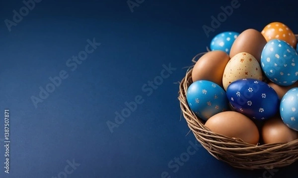 Obraz Colorful eggs displayed in a woven basket on a blue background for spring festivities or celebrations