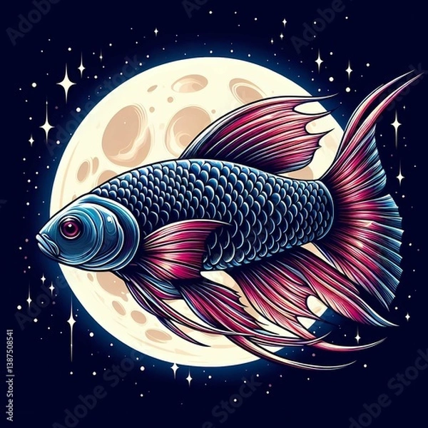 Fototapeta A vibrant digital illustration of a large, stylized fish with iridescent blue and pink scales swimming through a starry night sky with a glowing full moon, in a whimsical fantasy style
