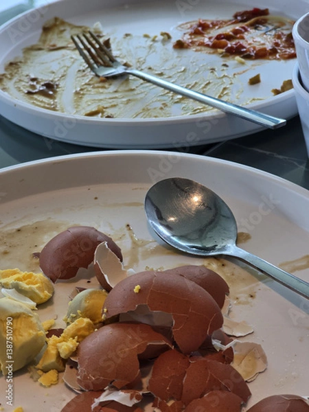 Obraz messy breakfast scene featuring empty plates, eggshells, and utensils, showcasing remnants of meal. image captures aftermath of hearty breakfast
