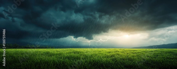 Fototapeta dramatic landscape featuring green field under dark storm clouds, with lightning illuminating sky and rain falling. scene evokes sense of nature power and beauty