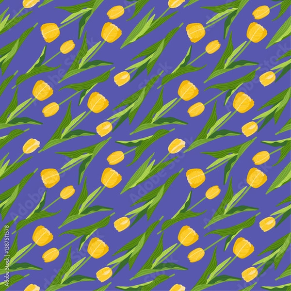 Fototapeta A floral seamless pattern featuring various colourful tulips with green leaves on a violet background. Geometric background pattern. Botanical design for print, wallpaper, textile, and wrapping paper.